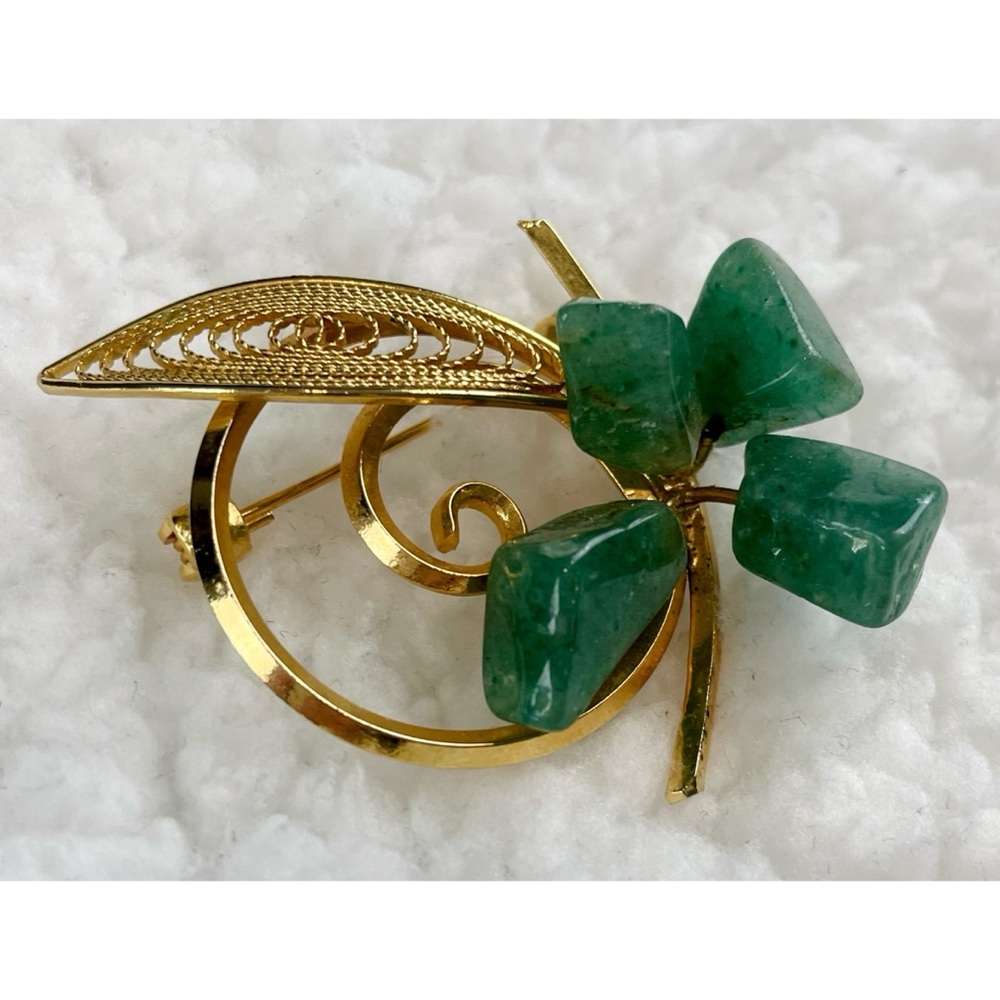(VTG) Gold/Jade Clover and Leaf Brooch - Picture 8 of 10